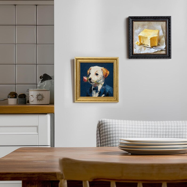 Hand-Painted Gentleman Dog Oil Painting: Living Room Wall Art Decor, Housewarming Gift