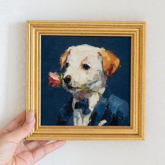 Hand-Painted Gentleman Dog Oil Painting: Living Room Wall Art Decor, Housewarming Gift