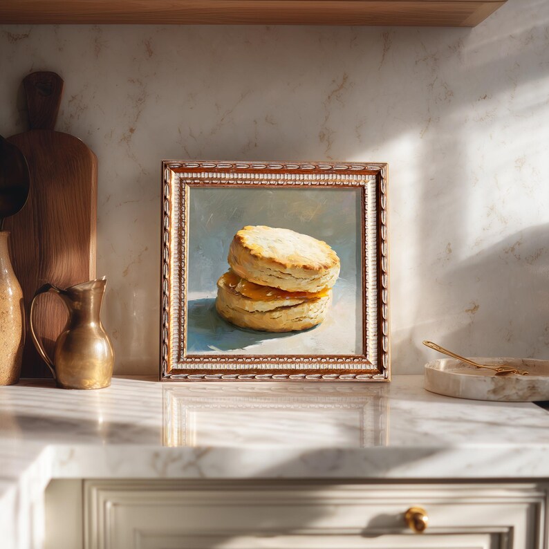 Mini Biscuit Oil Painting in Gold Frame, Still Life Art Gift for Wall Decor Lover and Foodie, Original Painting for French Kitchen Decor