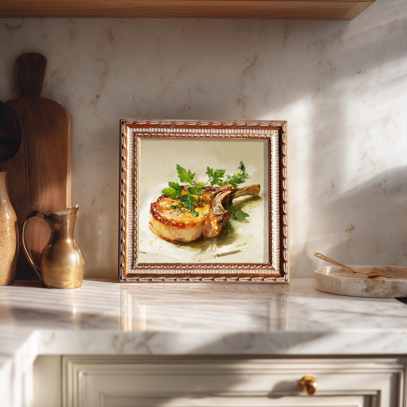 Mini Tomahawk Steak Oil Painting with Gold Frame, Gourmet Meat Lover Kitchen Decor, Hand Painted Wall Art Gift for Chef & BBQ Enthusiast