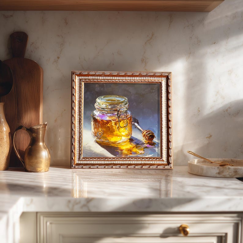 Mini Honey Jar Oil Painting-Still Life Food Artwork in Golden Beaded Frame-Hand-Painted Rustic Kitchen Wall Decor-Gift for Food Art Lover
