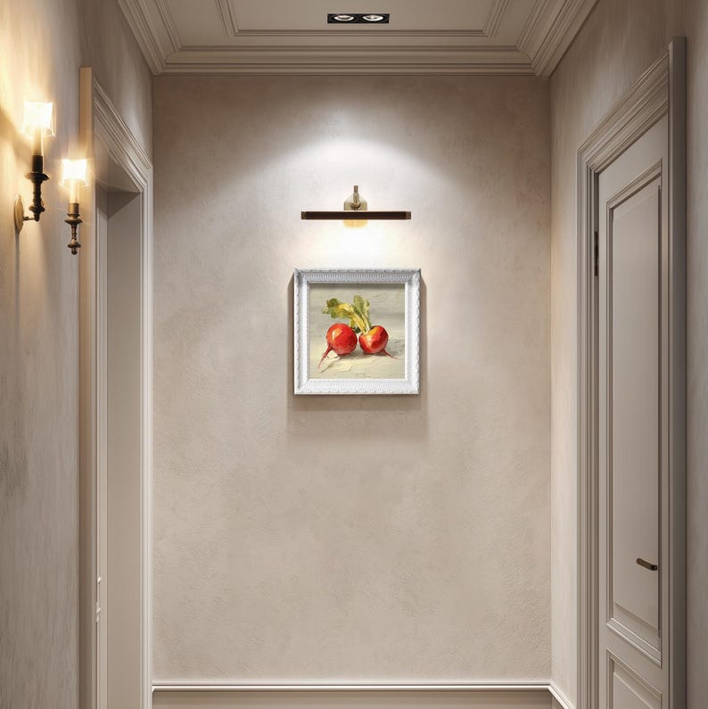 Mini Radish Oil Painting in Gold Frame: Rustic Kitchen Wall Art